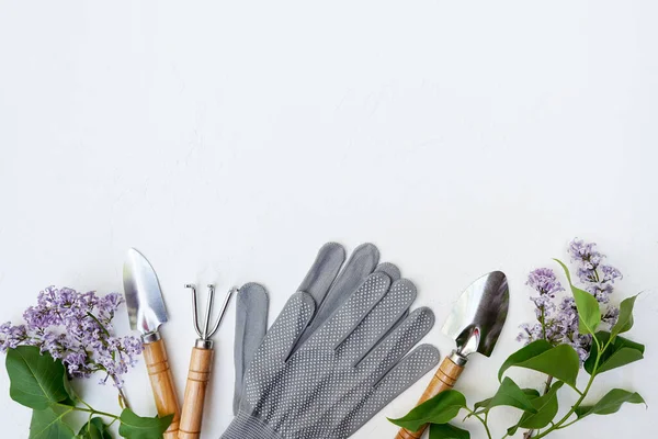 Gardening tools and flower on white background with copy space