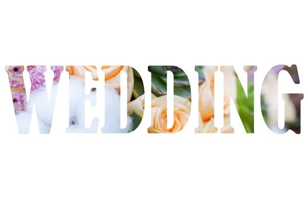 Wedding, roses flower letters on white background — Stock Photo, Image