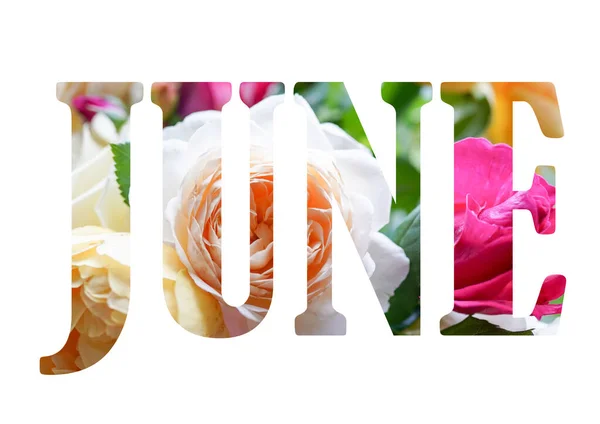 Mot Juin Avec Fleur Blanche Rose Sur Fond Nature — Photo