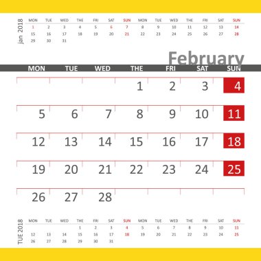 Şubat 2018 ile önceki ve sonraki ay takvimi