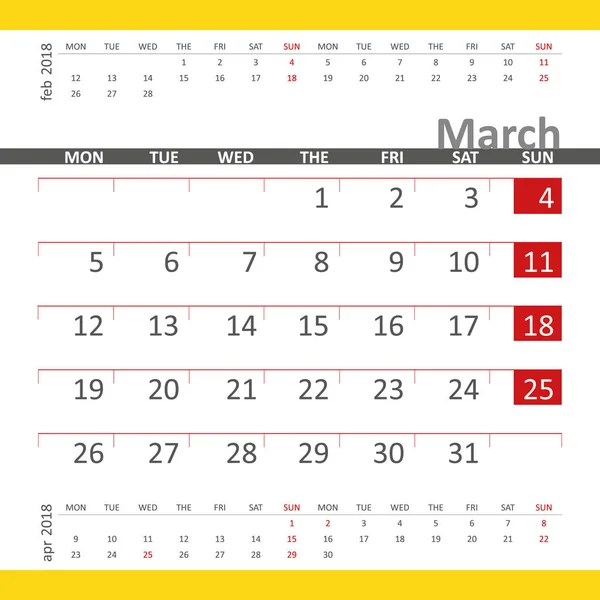 Kalendář březen 2018 s předchozí a následující měsíc — Stockový vektor