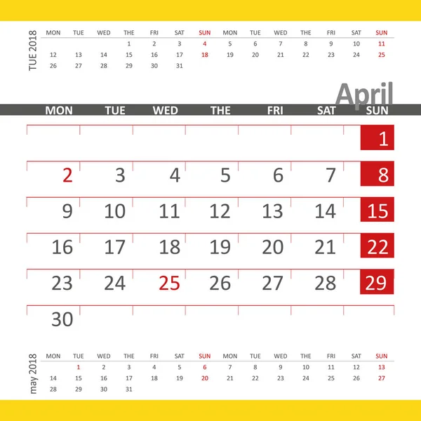 Calendário abril 2018 com mês anterior e seguinte — Vetor de Stock