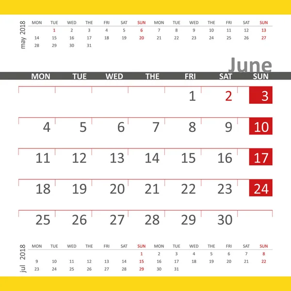Kalenderblatt Juni 2018 mit vorhergehendem und nachfolgendem Monat — Stockvektor