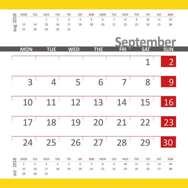 前と次の月のカレンダーの 2018年 9 月 — ストックベクタ