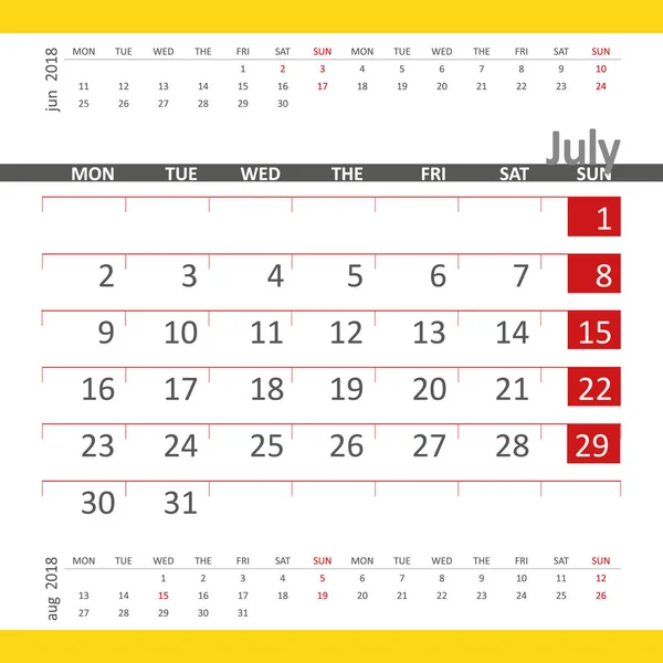 Calendário julho 2018 com mês anterior e seguinte — Vetor de Stock