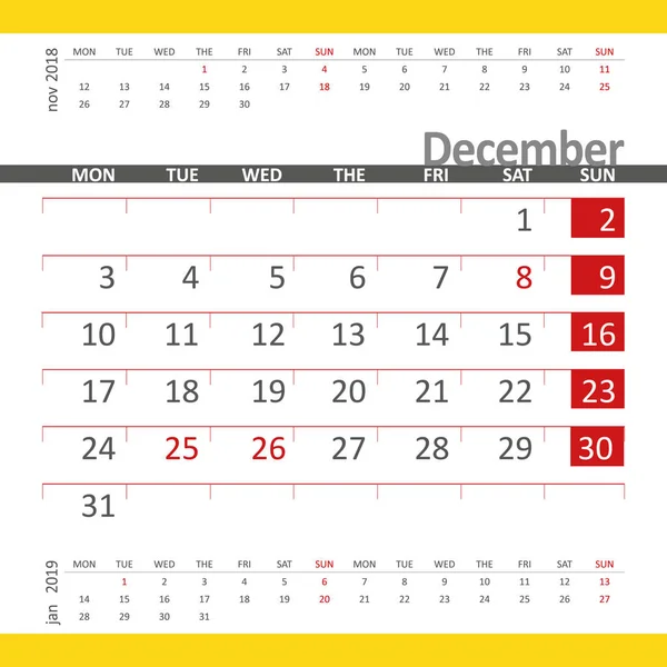 Kalenderblatt Dezember 2018 mit Vormonat und Folgemonat — Stockvektor