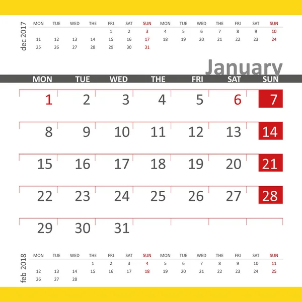 Kalenderblatt Januar 2018 mit Vormonat und Folgemonat — Stockvektor