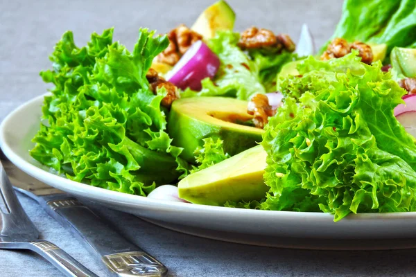 Salada Verde Com Abacate Cebola Azul Noz Salada Nutritiva Com — Fotografia de Stock