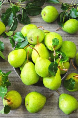 Bir kasede taze yeşil armutlar. Armut hasadı.