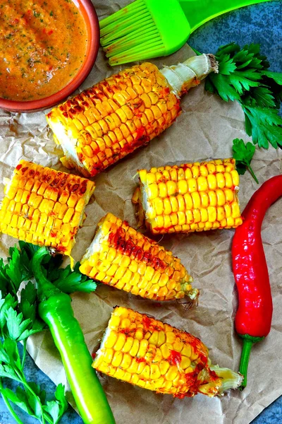 Grilled Corn Chili Sauce Spicy Corn — Stock Photo, Image