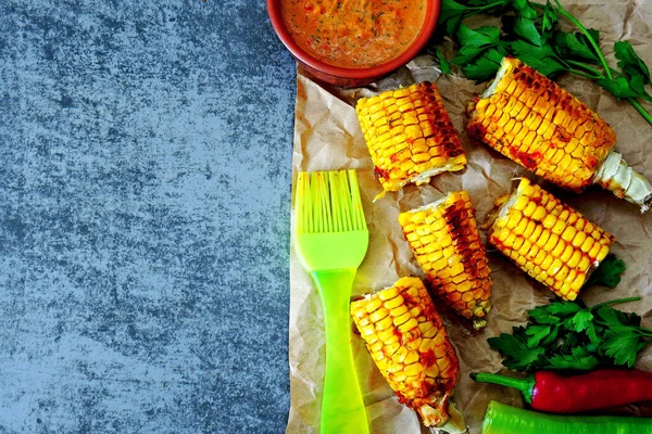 Grilled Corn Chili Sauce Spicy Corn — Stock Photo, Image