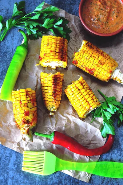 Grilled Corn Chili Sauce Spicy Corn — Stock Photo, Image