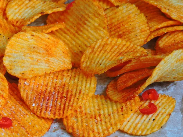 Spicy Potato Chips Fresh Potatoes Red Chili Peppers Tails — Stock Photo, Image