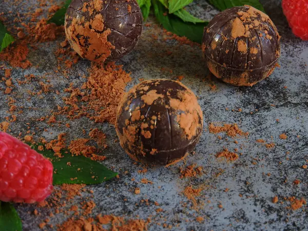 Chocolade Truffel Frambozen Munt Chocolade Ballen Met Frambozen Decoratie Donkere — Stockfoto