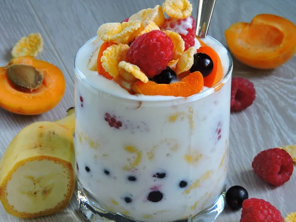 水果和麦片加酸奶健康甜点的概念 — 图库照片