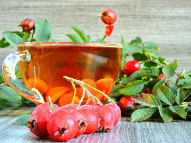 Hawthorn ve köpek gülü. Hawthorn ve Dogrose 'dan sıcak çay.