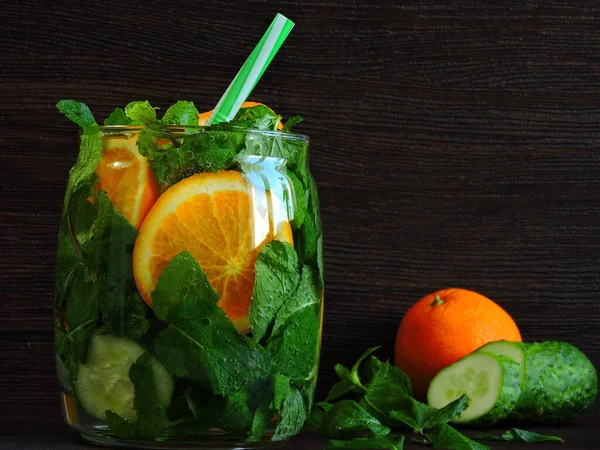 Detox Drink Cucumber Basil Fresh Detox Drink Mint Orange Orange — Stock Photo, Image