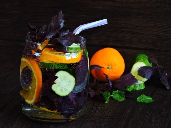 Fresh Detox Drink Basil Orange Mint Cucumber Basil — Stock Photo, Image