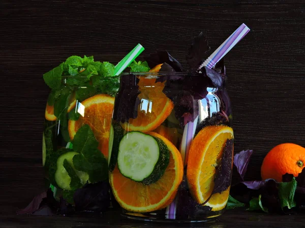 Detox Drink Cucumber Basil Fresh Detox Drink Mint Orange Orange — Stock Photo, Image