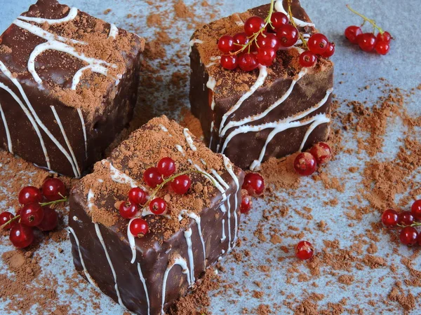 Chocolate cakes in chocolate powder with red currants. A beautiful and tasty chocolate dessert with red berries.