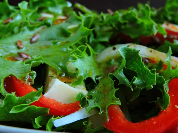 Fitness Salat Mit Tofu Paprika Und Friesensalat Bestreut Mit Leinsamen — Stockfoto