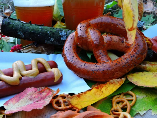 秋季野餐 庆祝十月节的概念 啤酒巴伐利亚香肠和椒盐卷饼Oktober Fest Nature — 图库照片