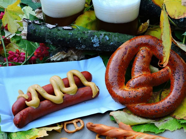 Autumn Picnic Concept Celebrating October Fest Beer Bavarian Sausages Pretzel — Stock Photo, Image