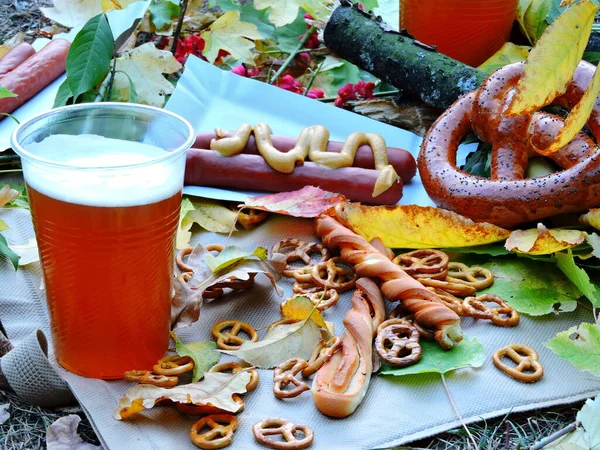 Herbstpicknick Das Konzept Oktoberfest Feiern Bier Bayerische Würstchen Und Brezeln — Stockfoto