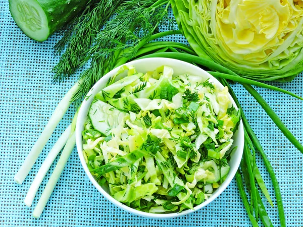 Salada Fresca Com Repolho Jovem Cebola Verde Endro Pepino Salada — Fotografia de Stock