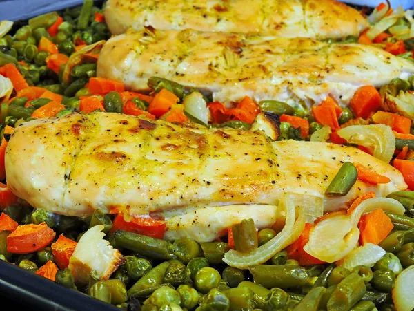 Chicken Breast Baked Vegetables Plate Green Peas Carrots Green Beans Stock Image