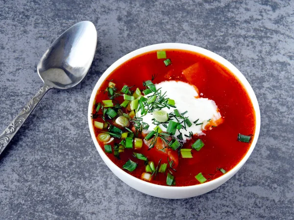 Tomato Soup Borscht Sour Cream Herbs — Stock Photo, Image