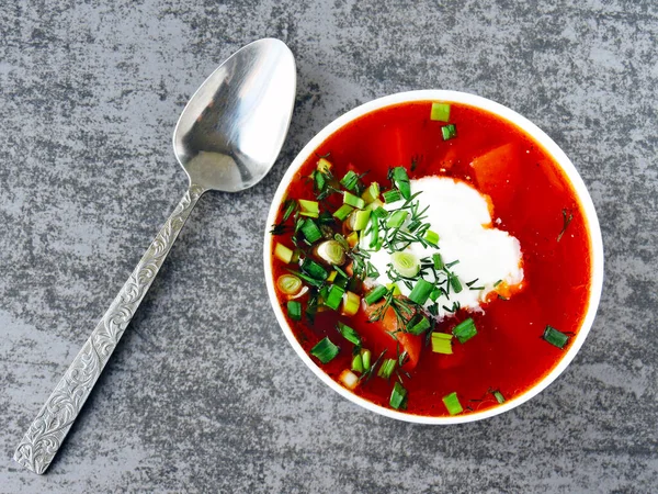 Tomato Soup Borscht Sour Cream Herbs — Stock Photo, Image