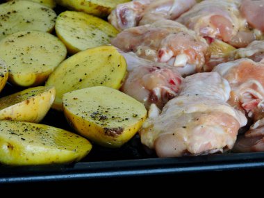 Çiğ patates, tavuk budu ve fırın tepsisinde kanatlar. Fırında patates ve tavuk pişirmek..