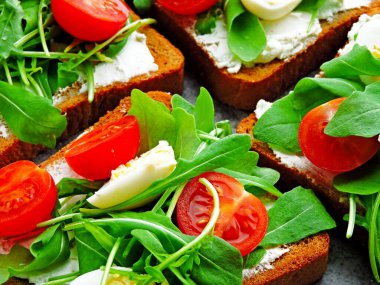 Buğday ekmekli tost roka, bıldırcın yumurtası ve vişneli domates. Faydalı atıştırmalık konsepti. Atıştırmalık bir şeyler. Parlak, lezzetli ve sağlıklı sağlık kadehleri. Roka ve krem peynirli sandviç.
