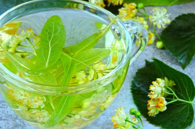 Yapraklar ve ıhlamur çiçekleri. Taze limon çayı. Linden çiçekleri. Çaya ıhlamur çiçeği hazırlamak. Ihlamur çiçeği çayı hasat ediyorum..