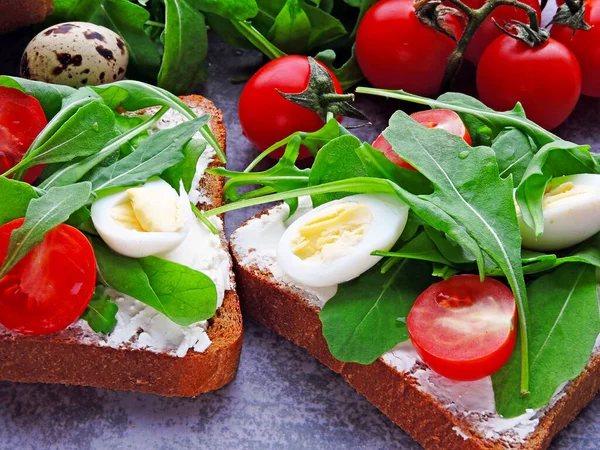 Wheat Rye Toasts Arugula Quail Eggs Cherry Tomatoes Concept Useful — Stock Photo, Image