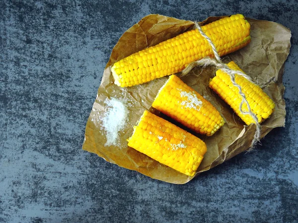 Fresh Juicy Boiled Corn Paper Warm Boiled Corn Salt — Stock Photo, Image