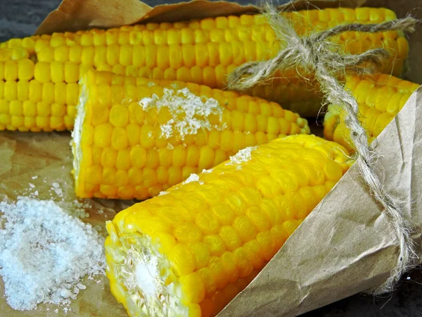 Fresh Juicy Boiled Corn Paper Warm Boiled Corn Salt — Stock Photo, Image