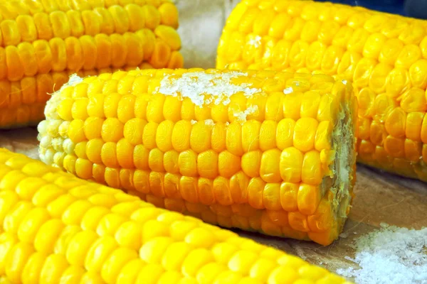 Fresh Juicy Boiled Corn Paper Warm Boiled Corn Salt — Stock Photo, Image