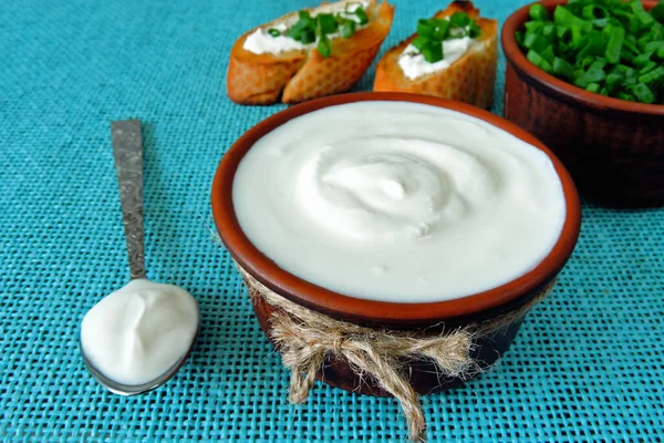 Croutons Con Crema Agria Verduras Cebollas Verdes Picadas Crema Agria — Foto de Stock