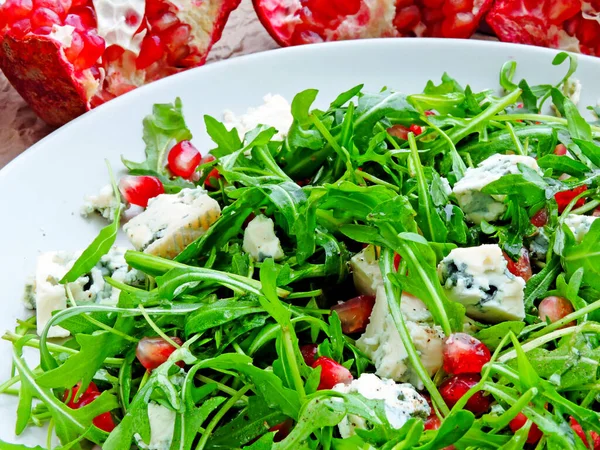 Arugula Salad Gorgonzola Cheese Pomegranate Cheese Dor Blue Arugula Piece — Stock Photo, Image