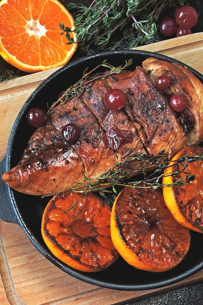 Peito Frango Assado Com Tangerinas Tomilho Filé Frango Assado Com — Fotografia de Stock