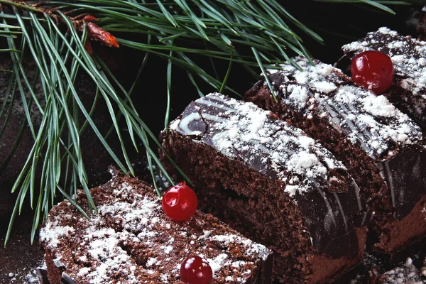 Chokladjulstockar Pulversocker Med Tranbär Julgransgrenar — Stockfoto