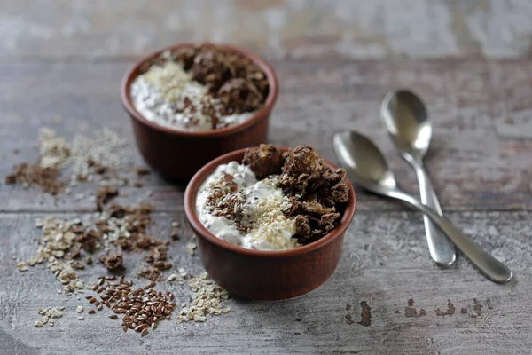 Dieta Ceto Iogurte Grego Com Sementes Linho Sementes Gergelim Pedaços — Fotografia de Stock