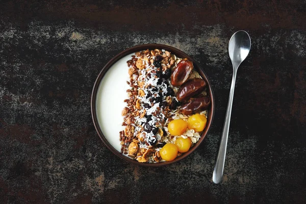 Friska Frukostskål Med Frön Datum Torkad Frukt Och Granola — Stockfoto