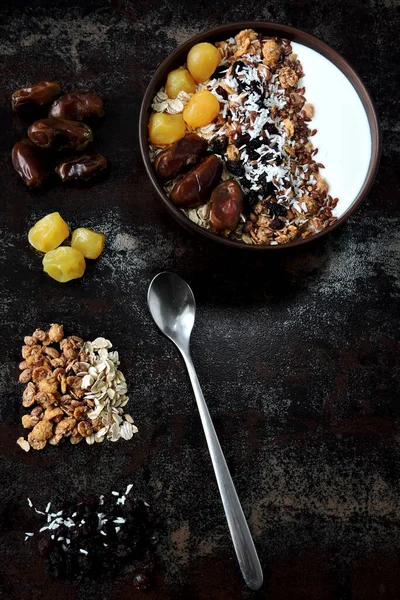 Healthy Breakfast Bowl Seeds Dates Dried Fruit Granola — Stock Photo, Image