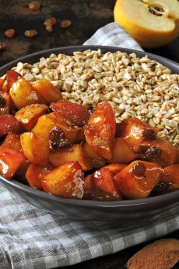 Yulaf ezmeli sıcak kış kahvaltısı, tarçınlı elma, kuru üzüm ve bal. Çevre yemeği. Superfood Fitness Kahvaltı yulaf ezmesi Tarçın elması.