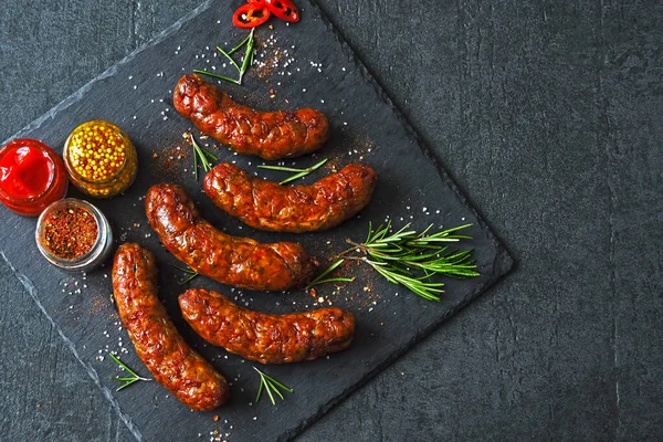 Grilled Juicy Munich Sausages Spices Black Stone Board Bavarian Grilled — Stock Photo, Image