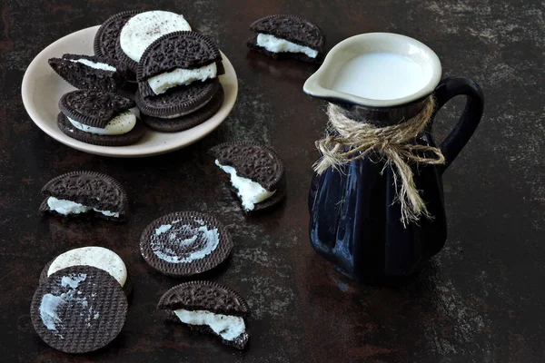 Jug Milk Chocolate Chip Cookies Milk Filling Top View — Stock Photo, Image