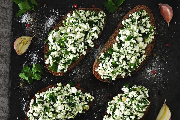 Curd Sandwiches Stone Board Open Sandwiches Cottage Cheese Greens Garlic — Stock Photo, Image